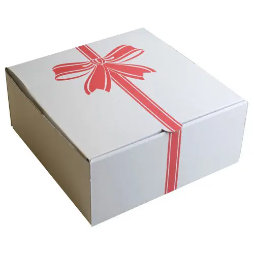 CAKE BOX WHITE R FLUTE 12" RED BOW FULL LID 318X110H